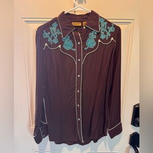 Wrangler Women’s Dark Brown Shirt with Teal Embroidery